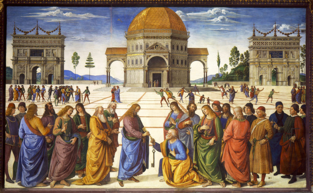 Pietro Perugino's usage of perspective in the Delivery of the Keys fresco at the Sistine Chapel (1481–82) helped bring the Renaissance to Rome.