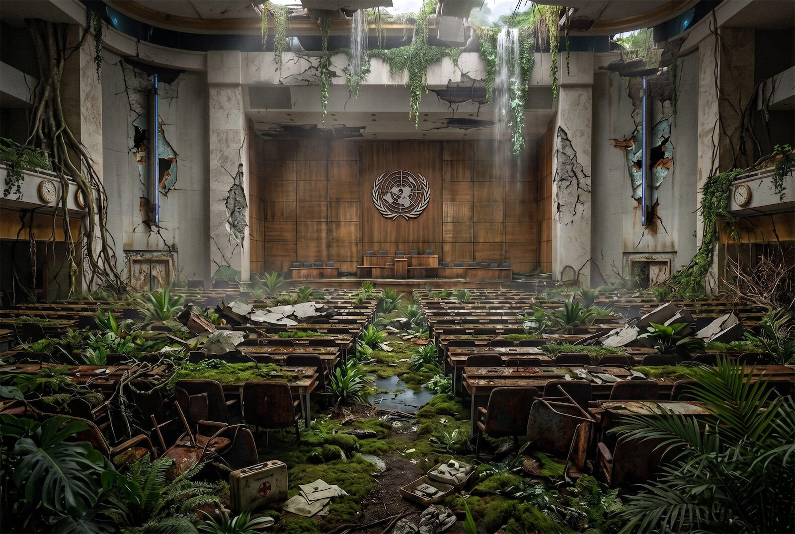 A ruined World Health Organization assembly hall reclaimed by jungle vegetation, with the UN emblem on a cracked wall and broken benches overrun by moss and ferns.
