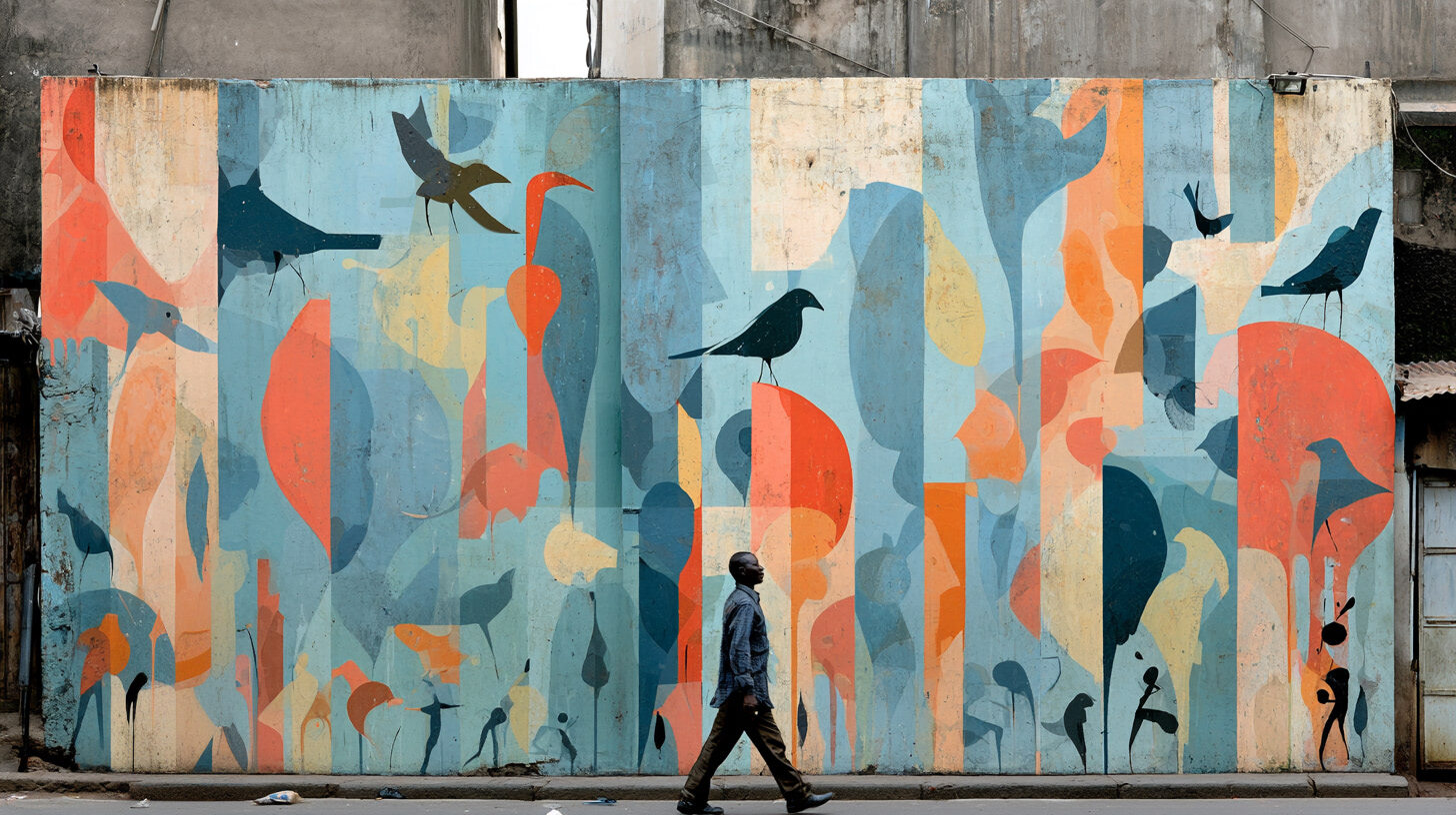 Colorful mural with birds and abstract shapes, a person walking past