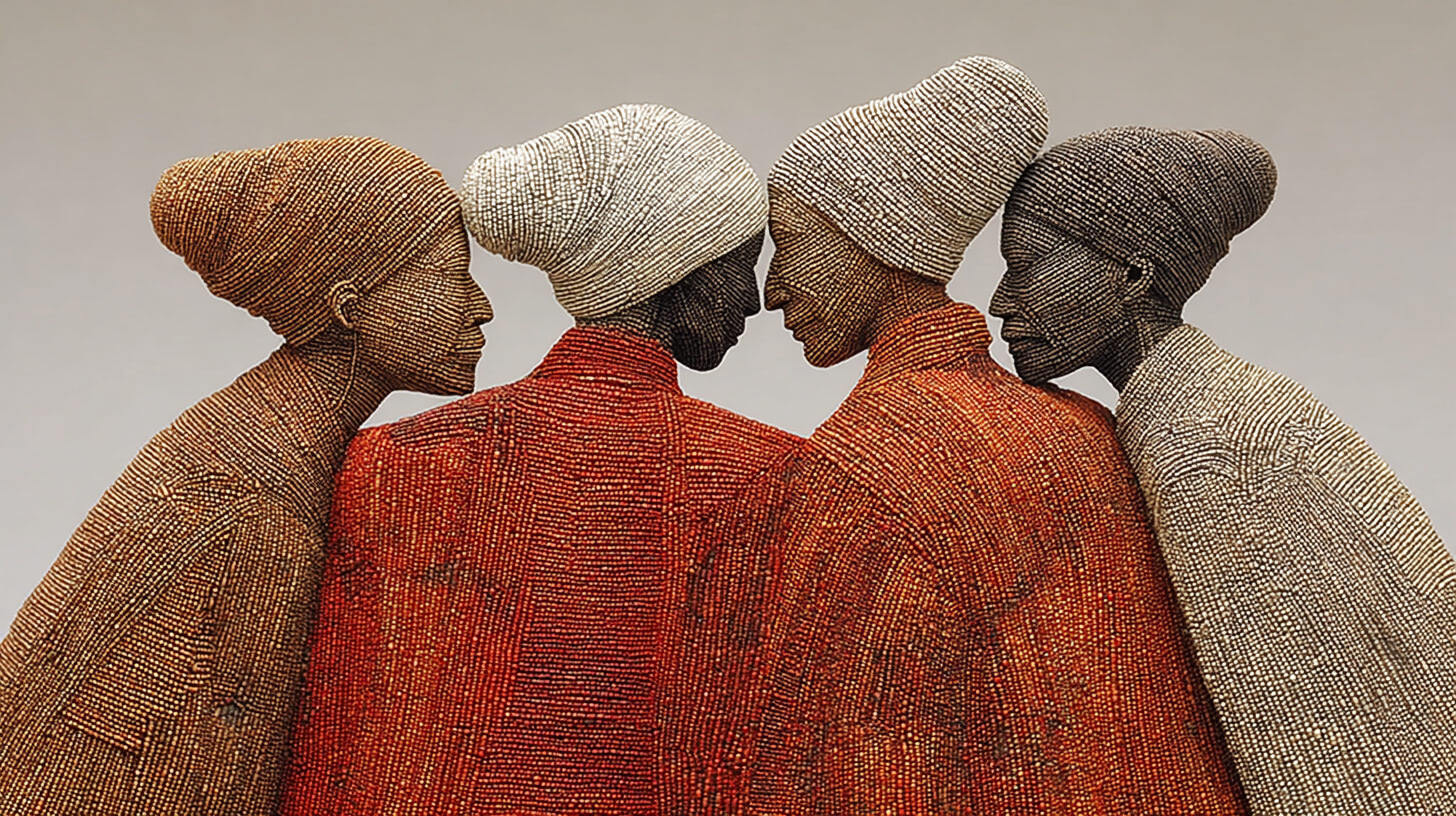 Four figures with rounded headwraps and textured beaded clothing, leaning together against a light grey background