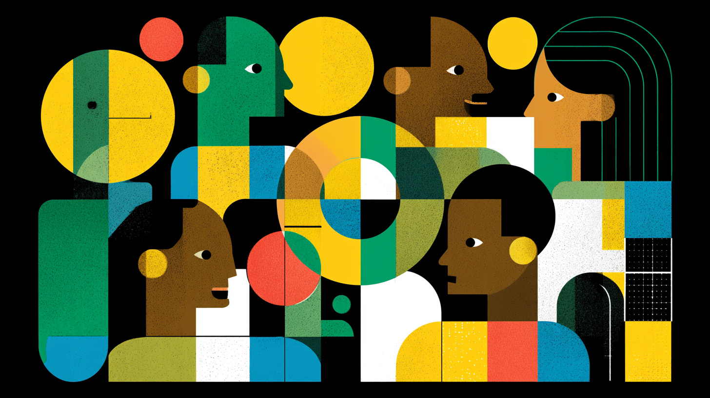 Vibrant flat-style illustration of diverse people in profile, geometric shapes in yellow, green, blue, brown, and red on black background, symbolising connection and conversation