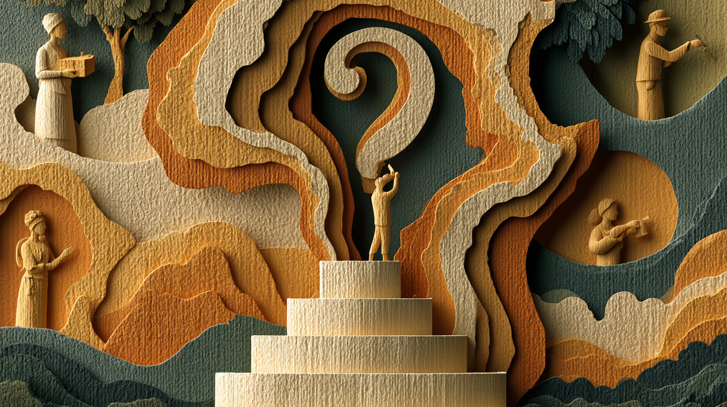Paper-cut illustration showing figures connecting across borders with a question mark