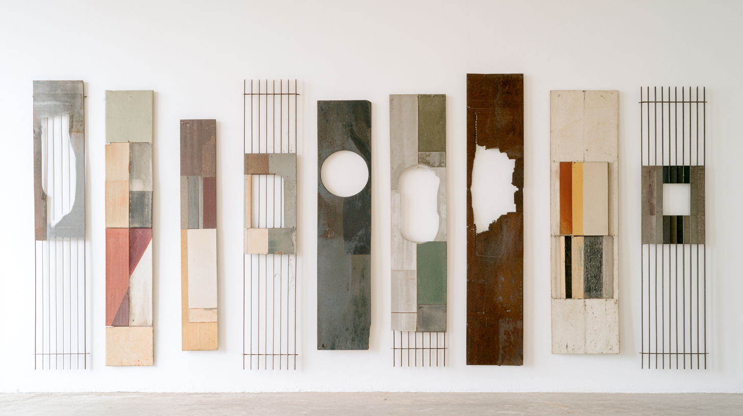 Nine tall mixed-media abstract panels in earth tones hung on a white gallery wall