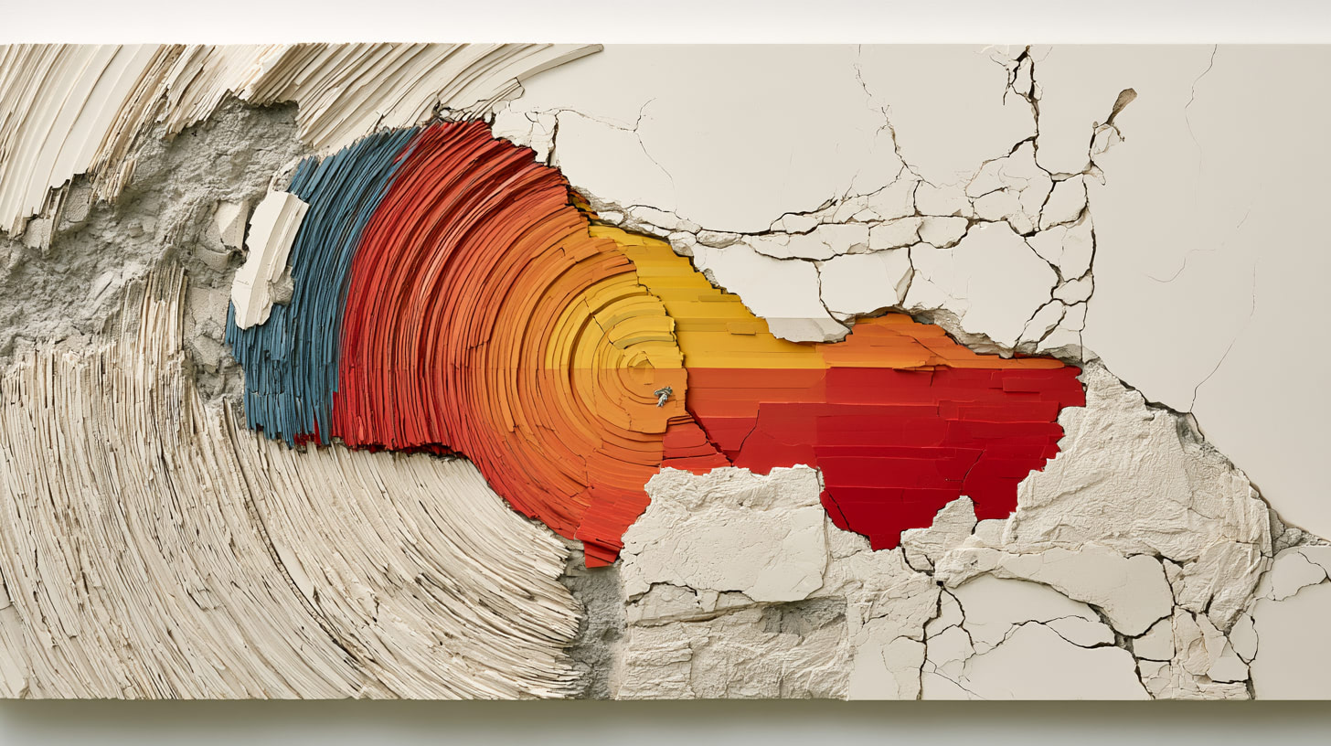 Obra abstracta de una superficie blanca agrietada que revela anillos concéntricos de azul, rojo, naranja y amarillo — representando la ruptura sísmica del terremoto de Venezuela