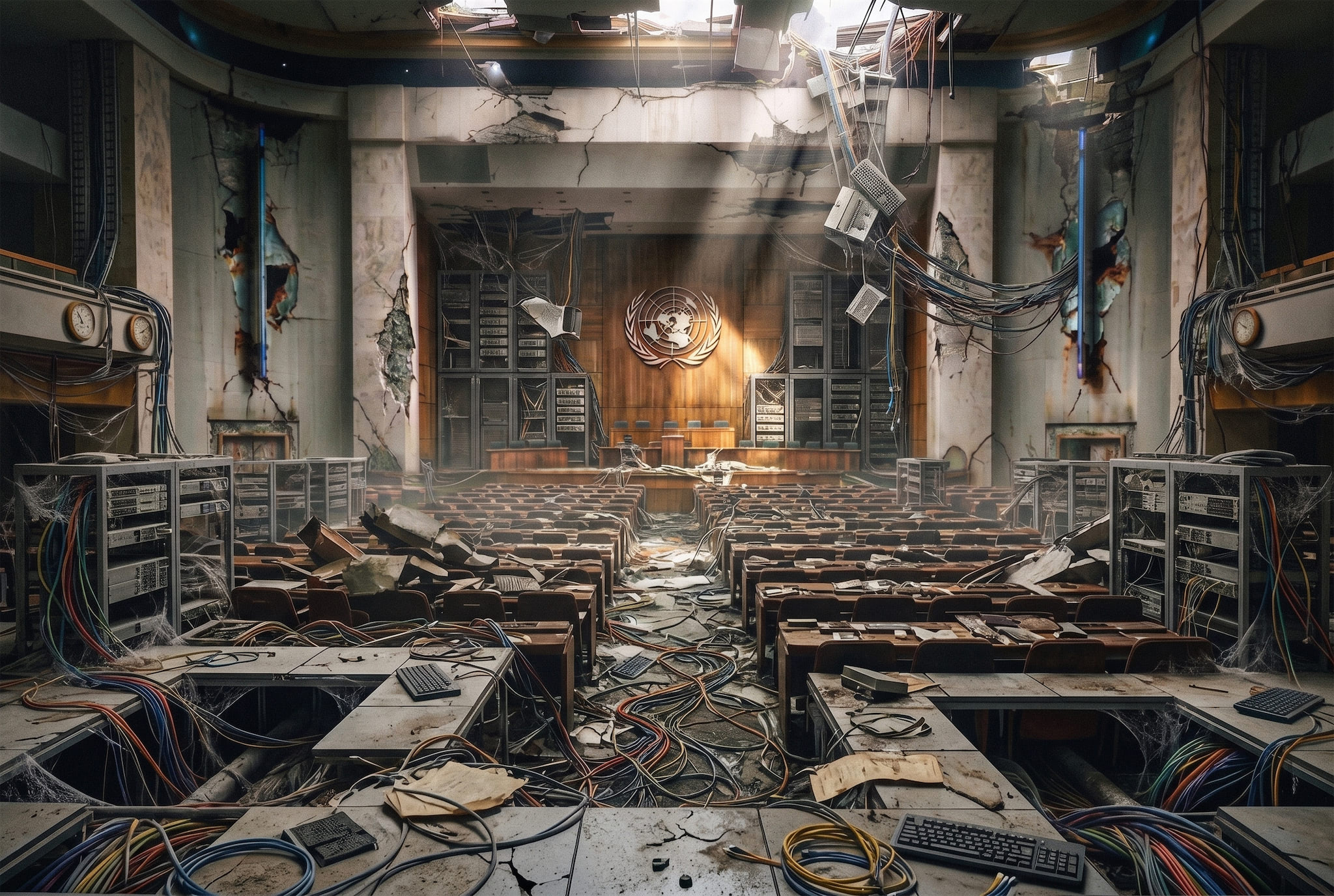 A dilapidated UN assembly chamber in ruins, desks buried under tangled wires and debris, server racks and broken monitors lining the crumbling hall, the UN emblem still mounted on the far wall
