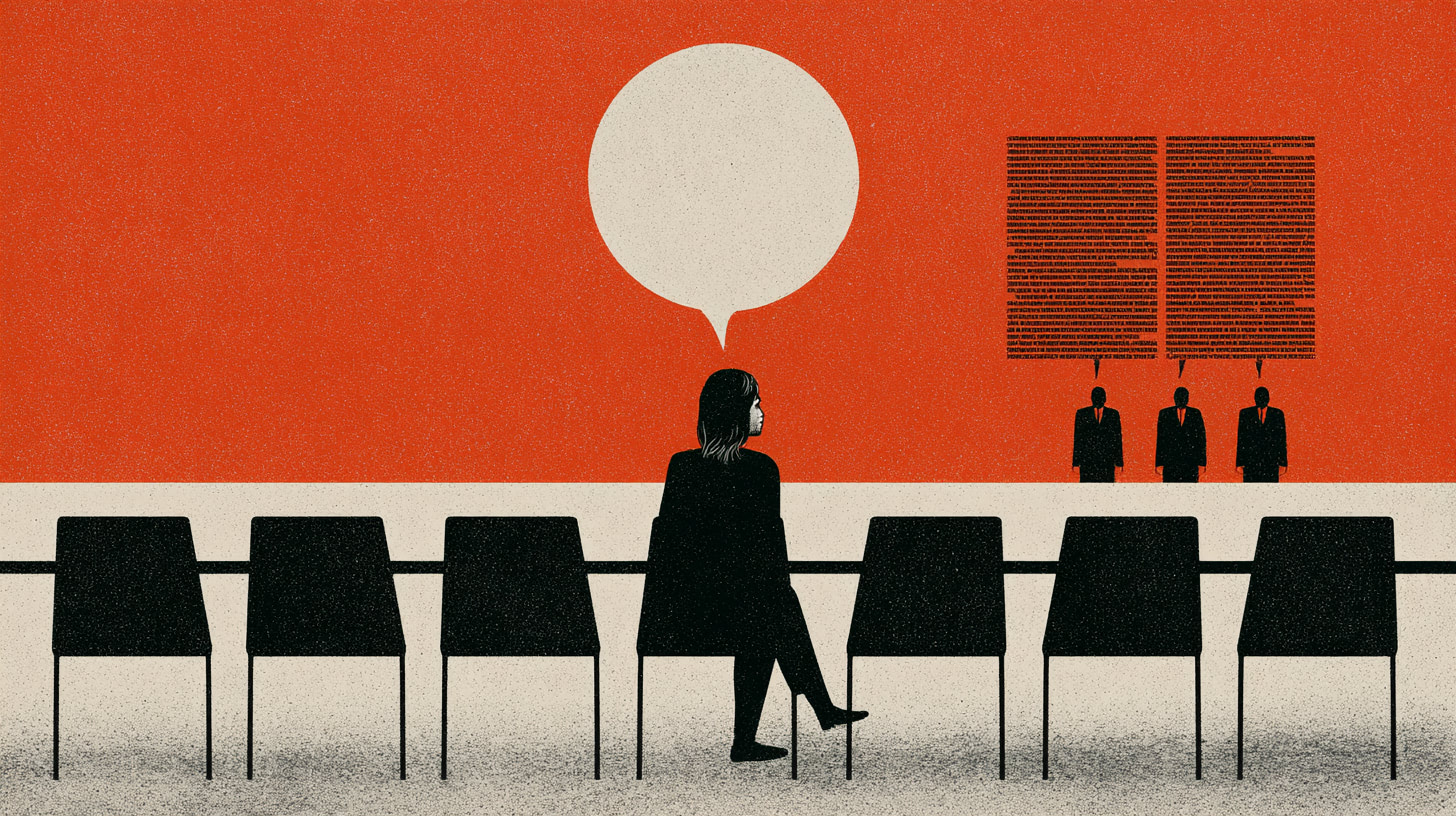 Graphic illustration: a silhouetted woman sits alone with an empty speech bubble, while three suited men have dense text-filled speech bubbles, on a red background